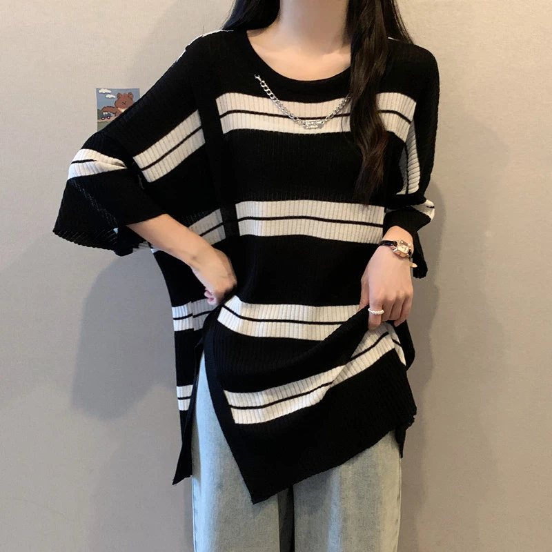 大码女装夏装新款慵懒风胖妹妹显瘦短袖T恤宽松针织中长款上衣潮