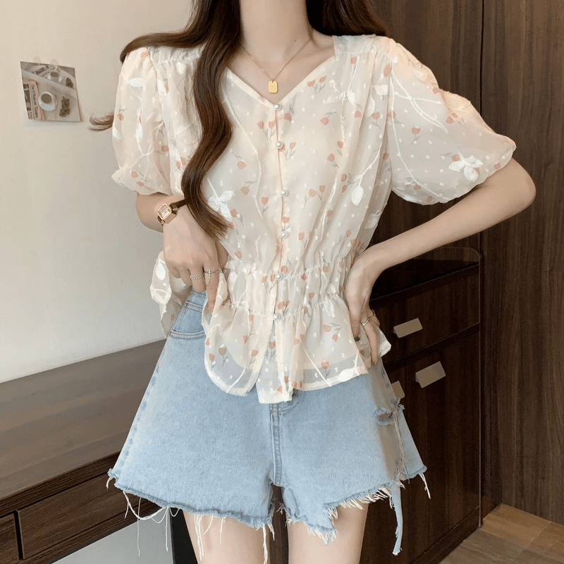 法式收腰碎花雪纺衬衫设计感小众泡泡袖v领上衣女夏季大码仙女T恤