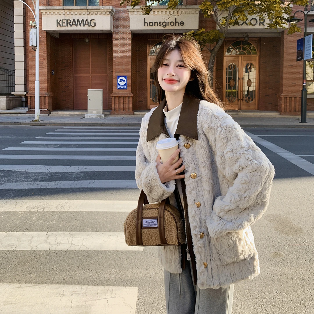 灰色小香风羔羔毛外套女秋冬2024韩系高级感加厚皮毛一体毛绒上衣