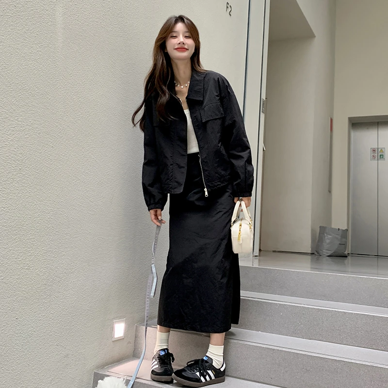 学院风黑色工装套装裙女2024秋季新款休闲短夹克高腰半身裙两件套