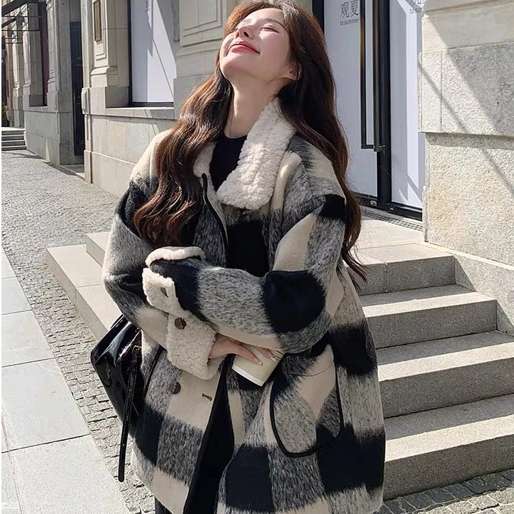 大姑推荐  黑白格加厚大衣小个子中长款  1151-1200