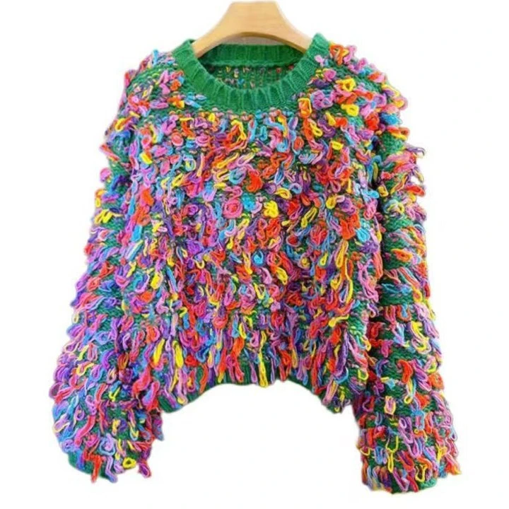 全手工彩杂线流苏千金套头女装秋冬新款洋气上衣粗针粗毛线衣