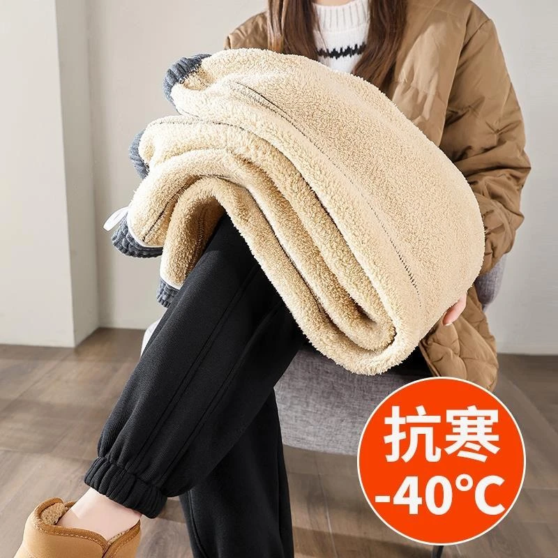 啄木鸟羊羔绒运动裤女冬季新款加绒加厚休闲宽松束脚百搭灯笼裤潮
