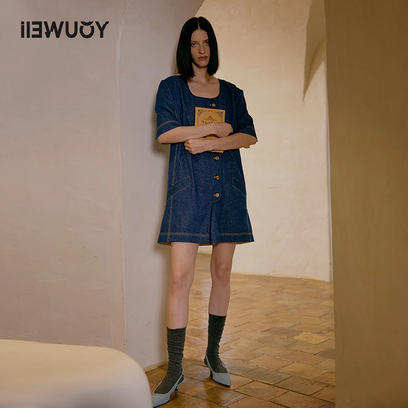 有尾YOUWEI时尚休闲水中长款真丝桑蚕丝牛仔复古连衣裙Y5722210