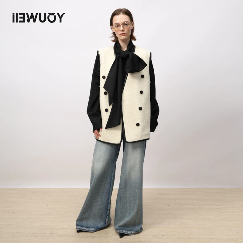 有尾YOUWEI春夏秋冬皮边复古含绵羊毛马甲气质拼接Y3623403