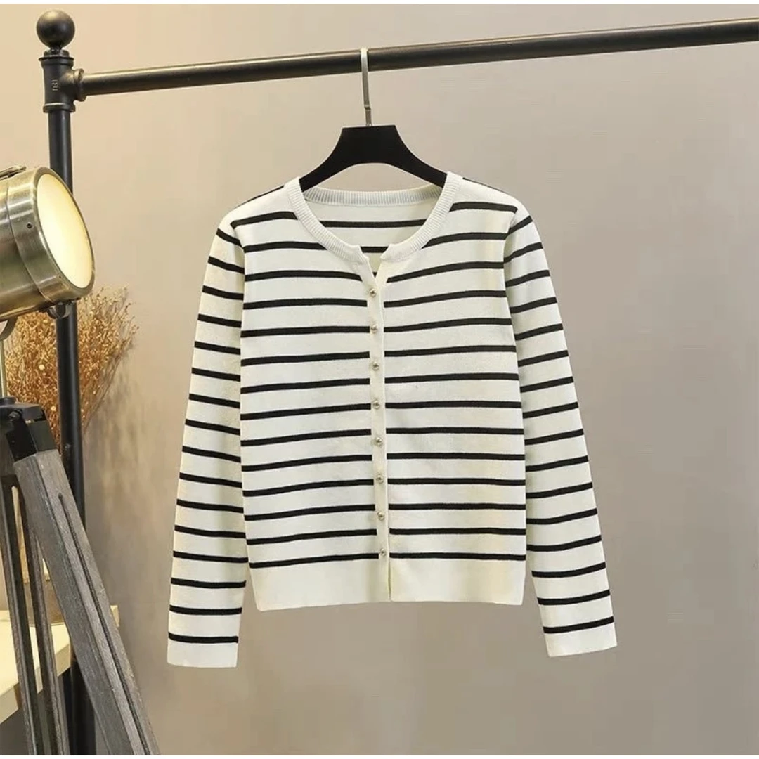 小香风2024秋冬显瘦减龄条纹撞色开衫单排扣设计感时尚洋气百搭女