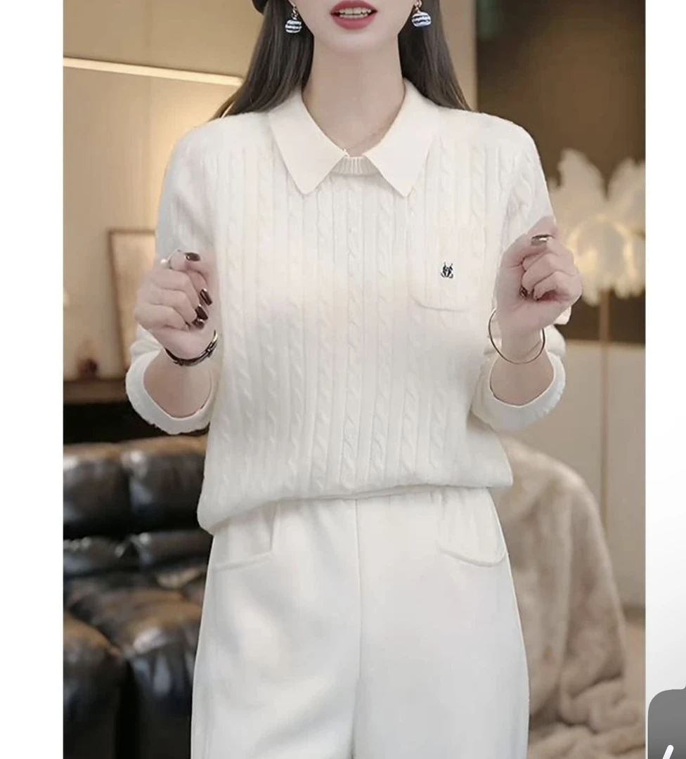 2025翻领百搭显瘦麻花春秋新款设计感减龄针织衫羊毛杉针织毛衣女