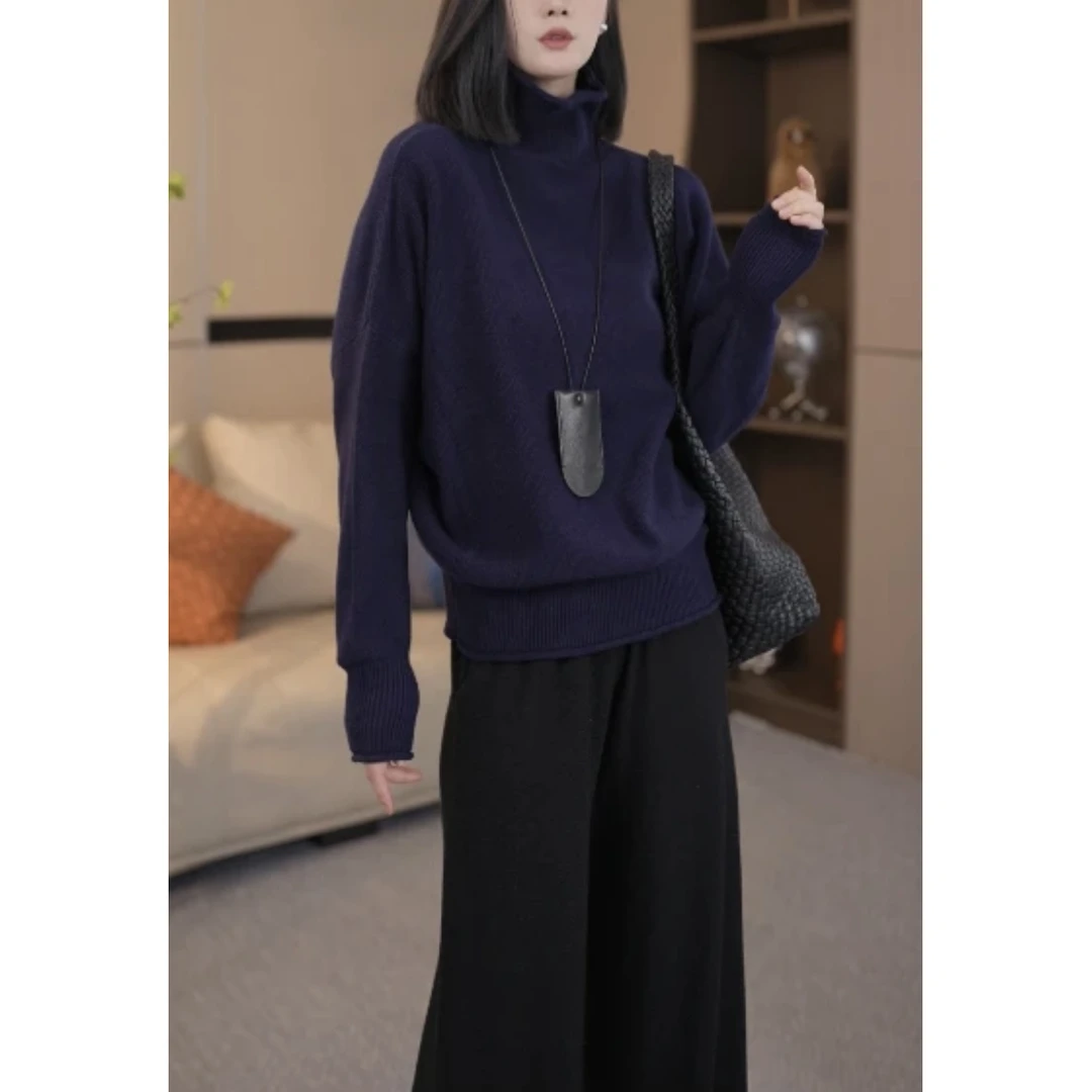文艺松弛感半高领简约百搭减龄羊毛衫慵懒卷边秋冬长袖针织衫上衣