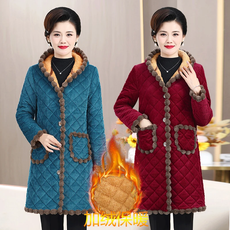 妈妈外穿棉衣中长款加绒加厚保暖棉袄中老年人冬季大码防寒棉服