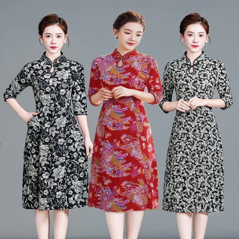 妈妈夏季改良旗袍连衣裙女2025新款新中式七分袖复古中国风长裙子