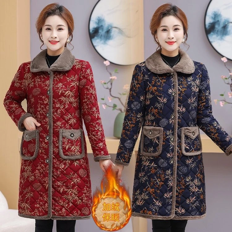 妈妈装冬季中长款棉衣中老年碎花加绒加厚保暖棉服外套