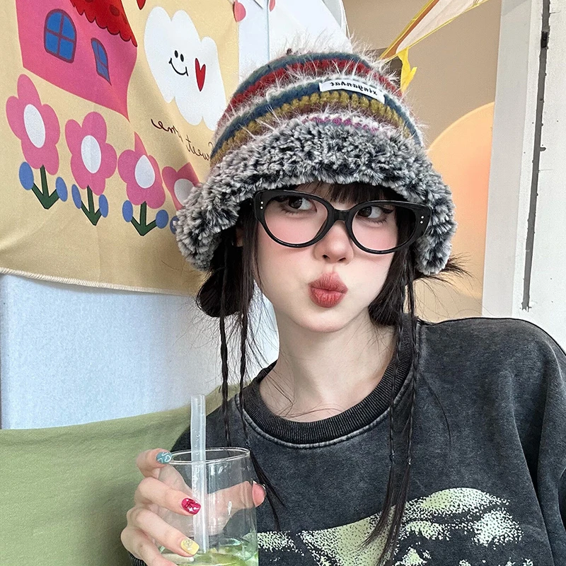 护耳防寒加厚保暖毛绒渔夫帽子显脸小秋冬新款百搭羊毛针织毛线帽