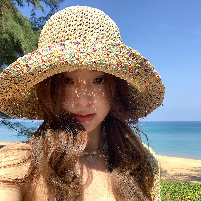 夏季防晒遮阳草帽女纯手工编织镂空彩虹波点海边度假大檐渔夫帽