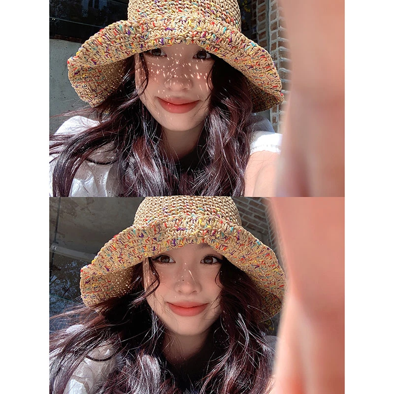 夏季镂空防晒遮阳帽透气不闷热彩色度假风宽檐编织草帽女草编帽子