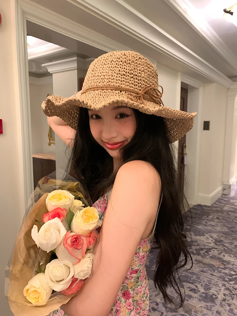 度假风沙滩渔夫帽海边防晒遮阳帽大帽檐蝴蝶结编织草帽女