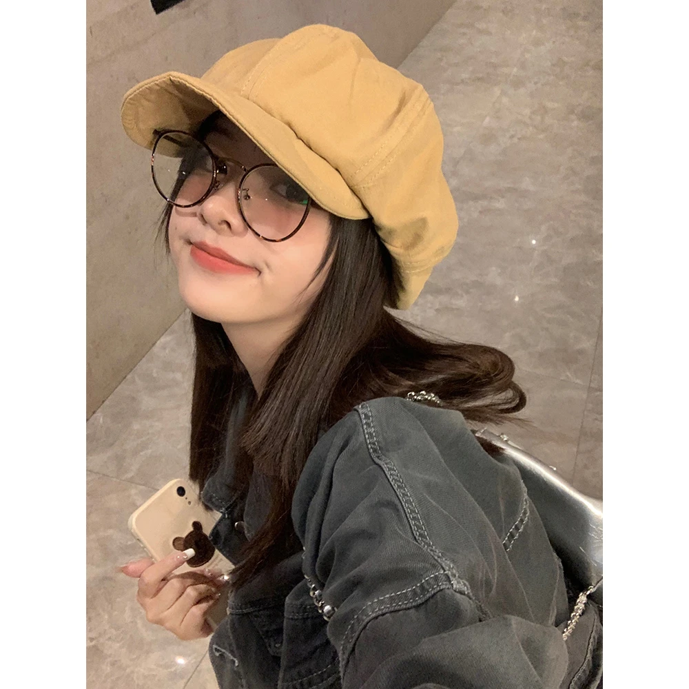 日系大八角帽女复古贝雷帽显脸小鸭舌云朵帽黑色大头围报童画家帽