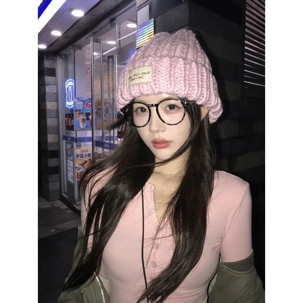 粉粉过冬百搭保暖毛线帽方圆脸显脸小女韩版2024秋冬新款套头帽