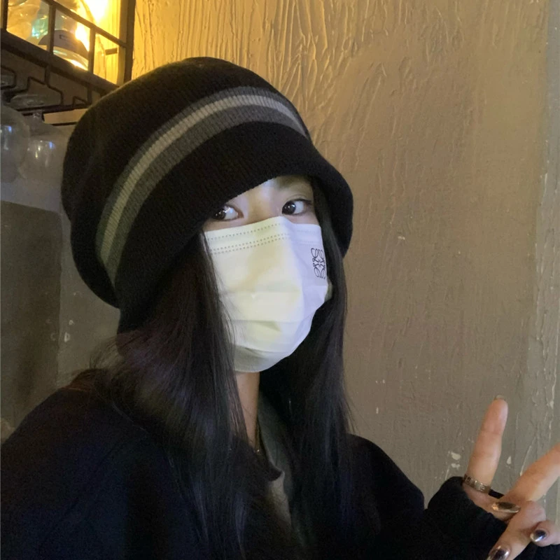 日系ins博主复古小众拼接针织毛线渔夫帽女秋冬大版显脸小堆堆帽