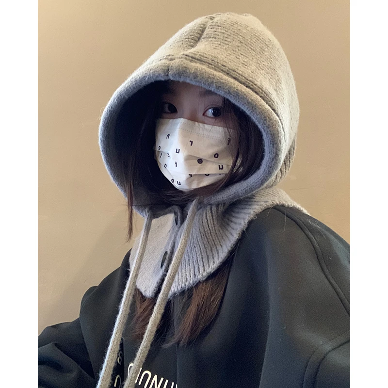 巴拉克拉法帽灰色针织帽子女2023新款冬季洋气保暖加厚护耳毛线帽