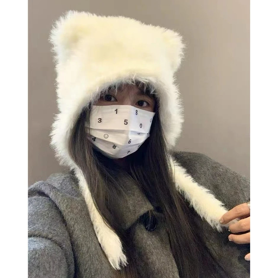 可爱小熊帽子女秋冬新款百搭保暖毛线帽护耳毛绒绒雷锋帽针织帽男