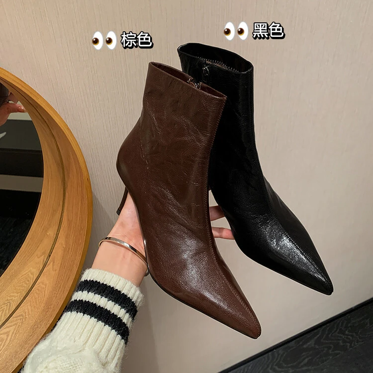7cm~羊皮尖头高跟短靴女秋冬新款2025真皮气质女士细跟瘦瘦靴黑色