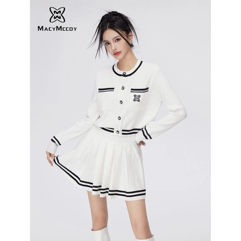 MacyMccoy撞色针织半裙套装女秋季新款学院风百搭上衣半裙两件套