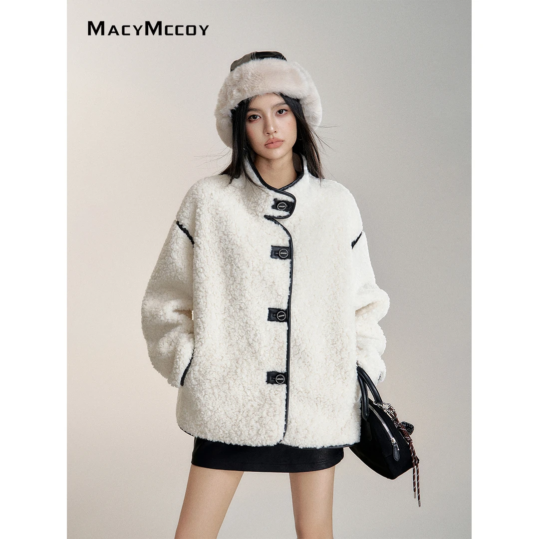MacyMccoy撞色拼皮毛绒外套女2024冬季氛围感加厚保暖立领上衣