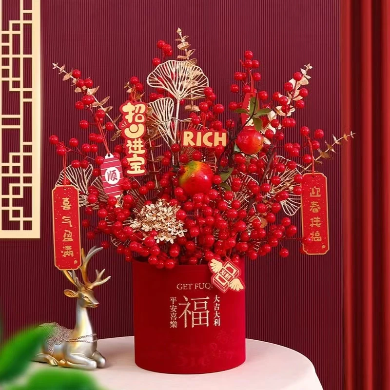 成品福桶乔迁开业新年石榴发财红果新中式轻奢高档客厅仿真花摆件