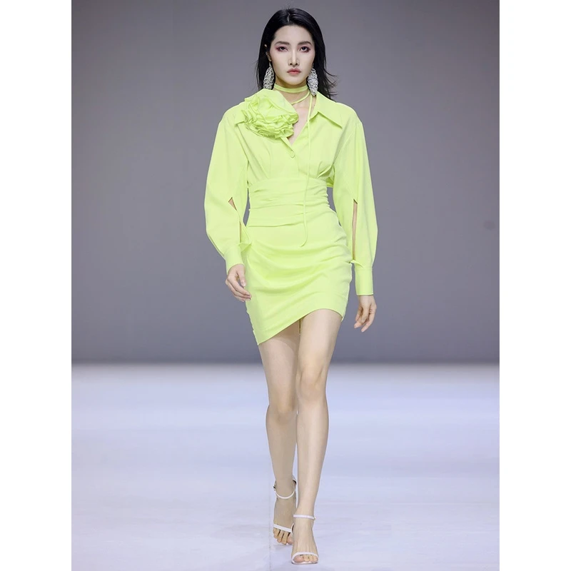 MAGGIE MA马婧设计师新款连衣柳黄荧光绿收腰显瘦衬衫包臀裙587D