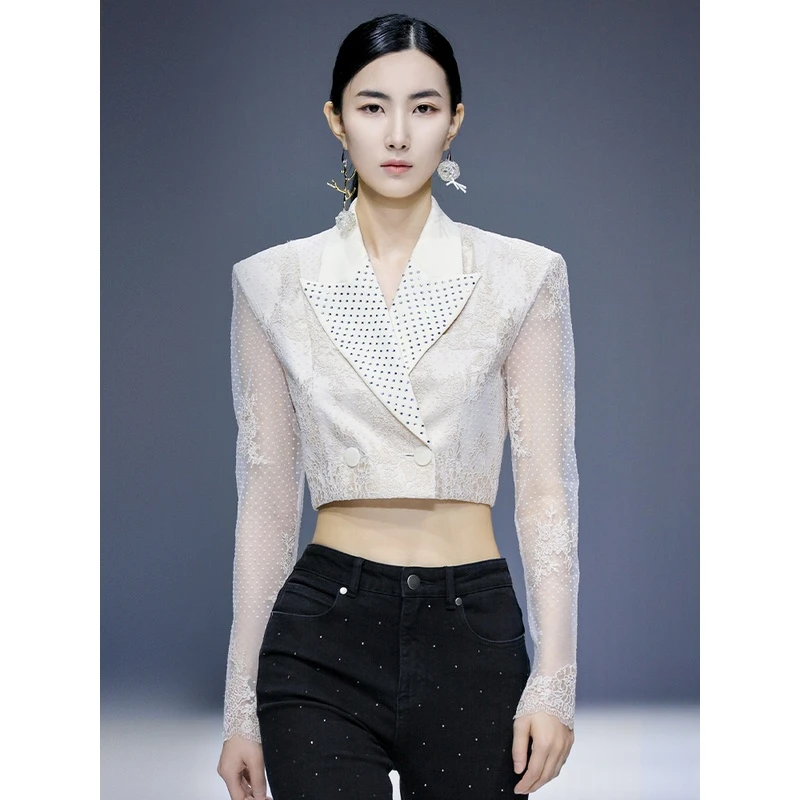 MAGGIE MA马婧设计师款短款西装女蕾丝网纱袖杏色烫钻小外套661S