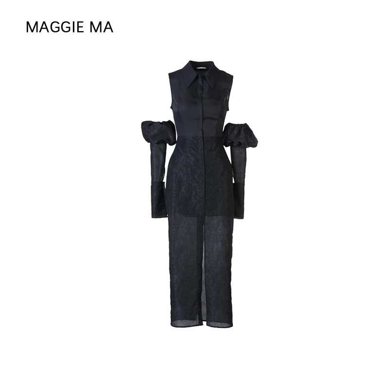 MAGGIE MA马婧设计师款连衣裙泡泡袖可拆提花薄纱拼接衬衫裙713D