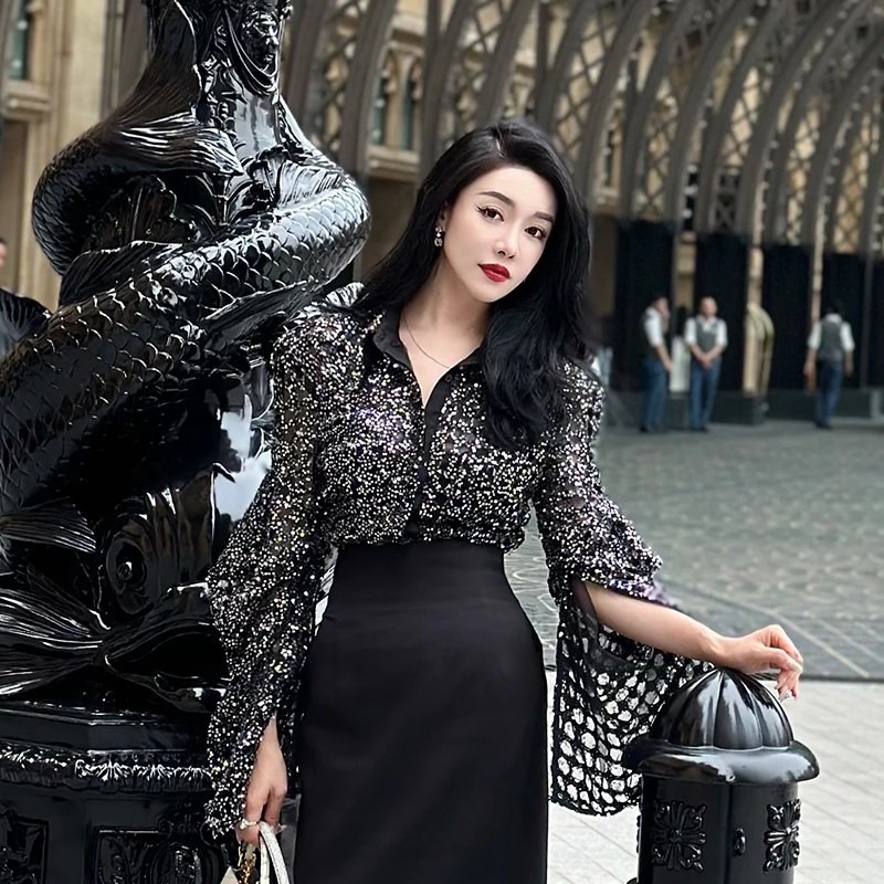 MAGGIE MA马婧设计师款衬衫女黑网纱亮片抽褶开叉袖复古上衣708C