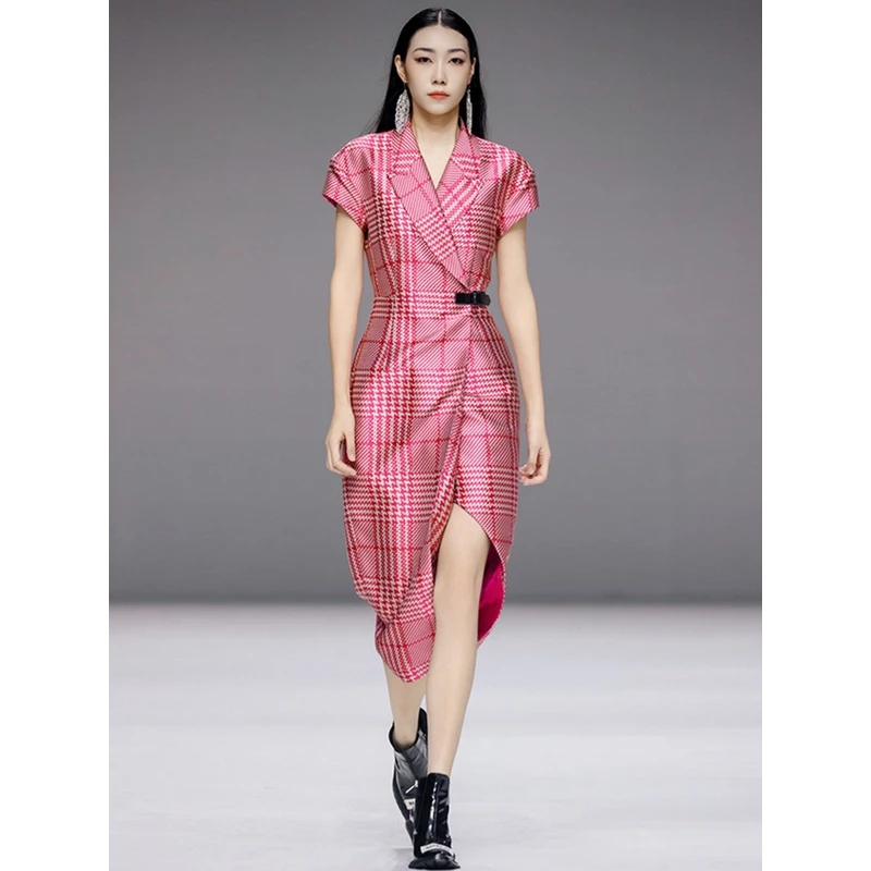 MAGGIE MA马婧设计师款连衣裙腰封格纹修身显瘦酒红色西装裙607C