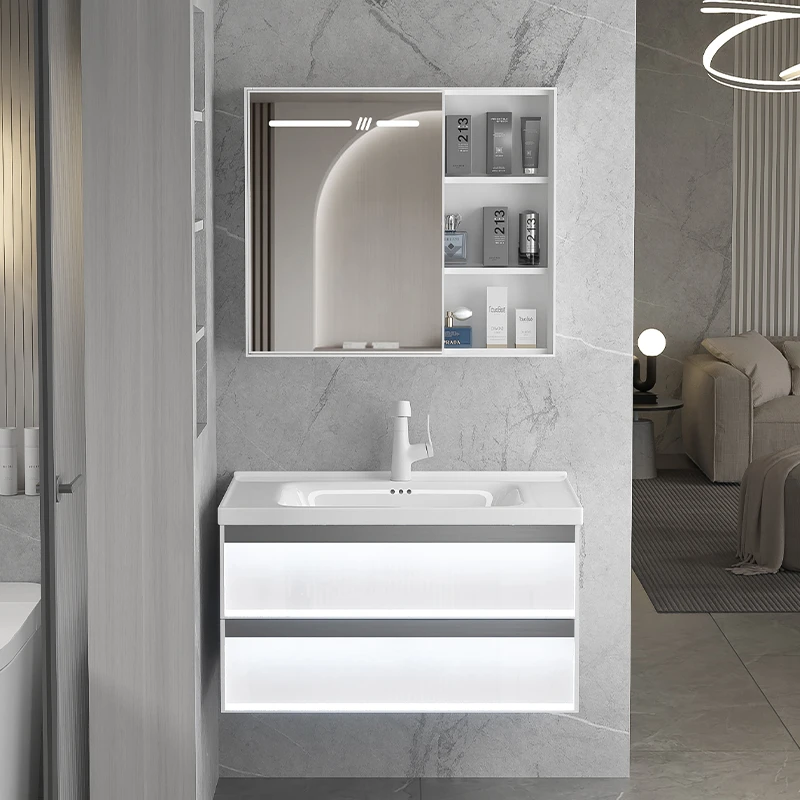 新款实心蜂窝铝浴室柜柜体带感应灯肤感一体盆洗手洗面池