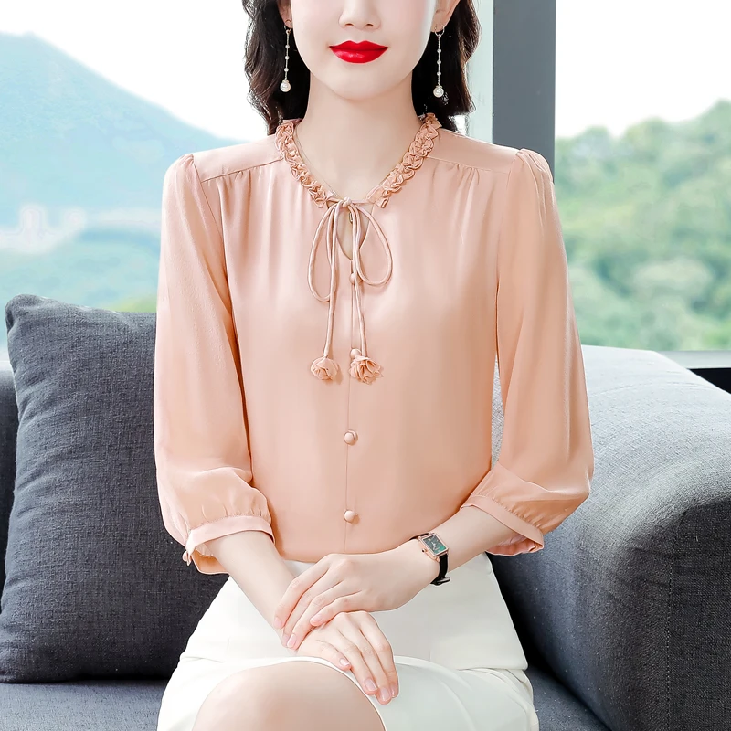 夏季洋气重磅真丝衬衫女装女新款春夏高端时尚中年妈妈桑蚕丝上衣