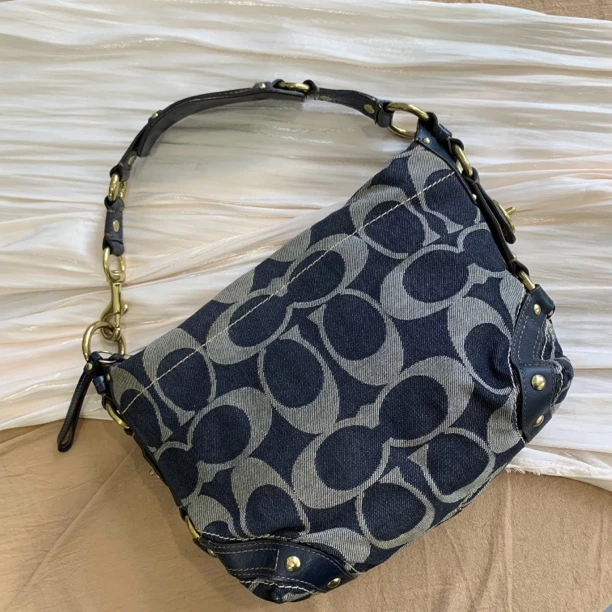 95新 COACH/蔻驰 深蓝色丹宁牛仔单肩腋下包