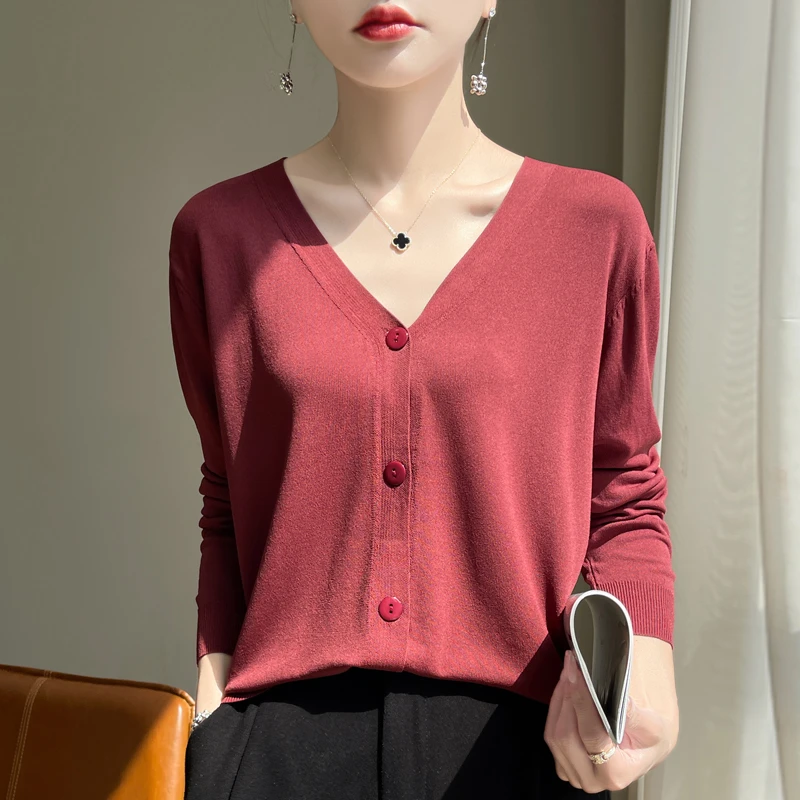 曲珠冰丝 V领针织开衫夏季必备薄款开衫 长袖防晒衣空调衫凉凉衣