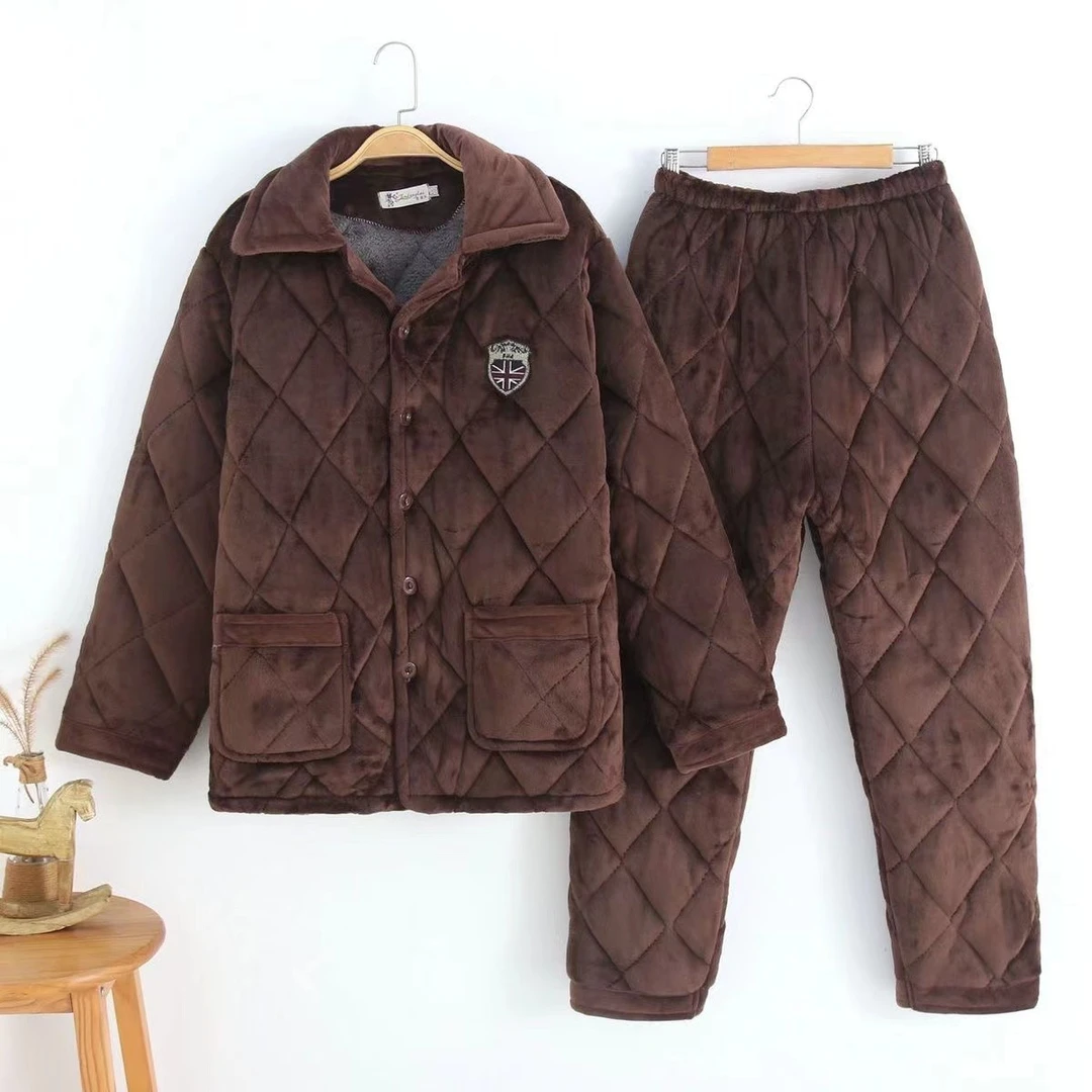 冬季男士睡衣法兰绒三层夹棉加厚保暖家居服套装宽松加肥加大大码