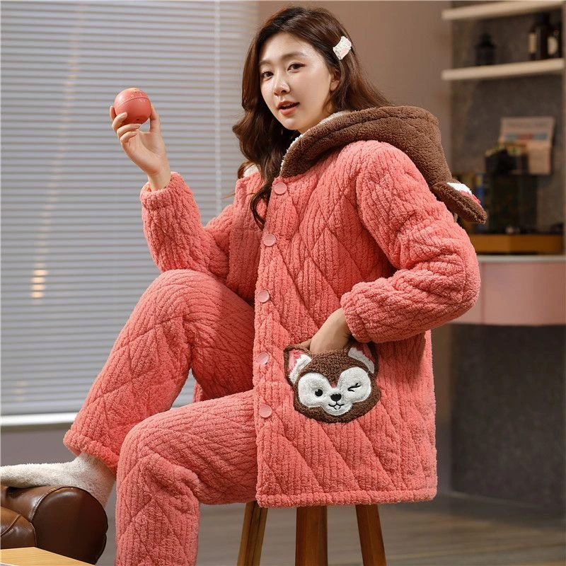 【橘红连帽款】女士冬季新款三层夹棉加厚超厚家居服可外穿套装