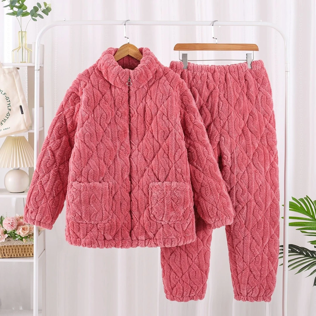 【3D提花拉链爆款】新款女士米粒绒三层加厚防风立领家居服套装