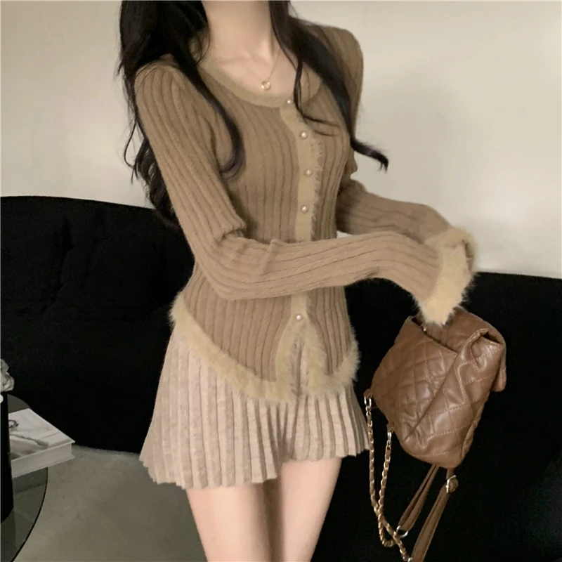 韩国东大门毛绒绒毛衣开衫秋冬新款长袖针织衫拼接软糯打底上衣女