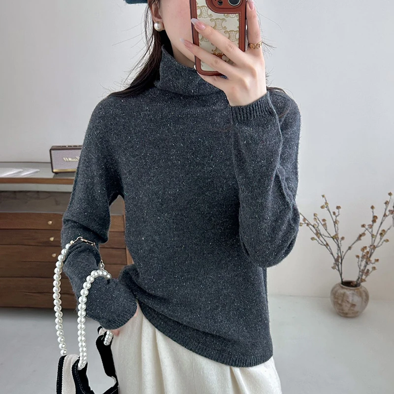 100%羊毛点子纱七彩丝羊毛衫高领毛衣宽松秋冬短款内搭针织打底衫