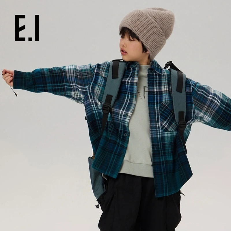 E.I童装男童长袖衬衫秋装韩版宽松渐变色休闲格子衫D8243110057
