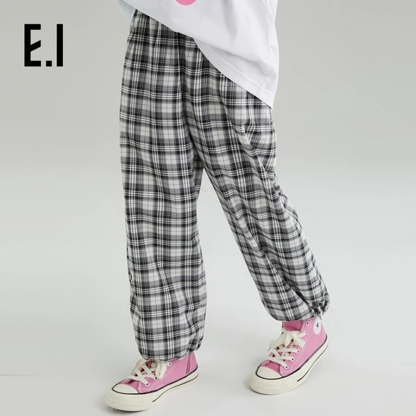 E.I夏季童装儿童长裤宽松格纹直通裤子中大童D8232023459