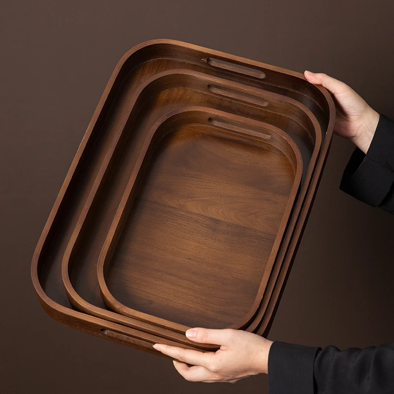 复古胡桃木色家用蛋糕披萨竹盘子中式木茶盘放茶杯餐具茶托盘