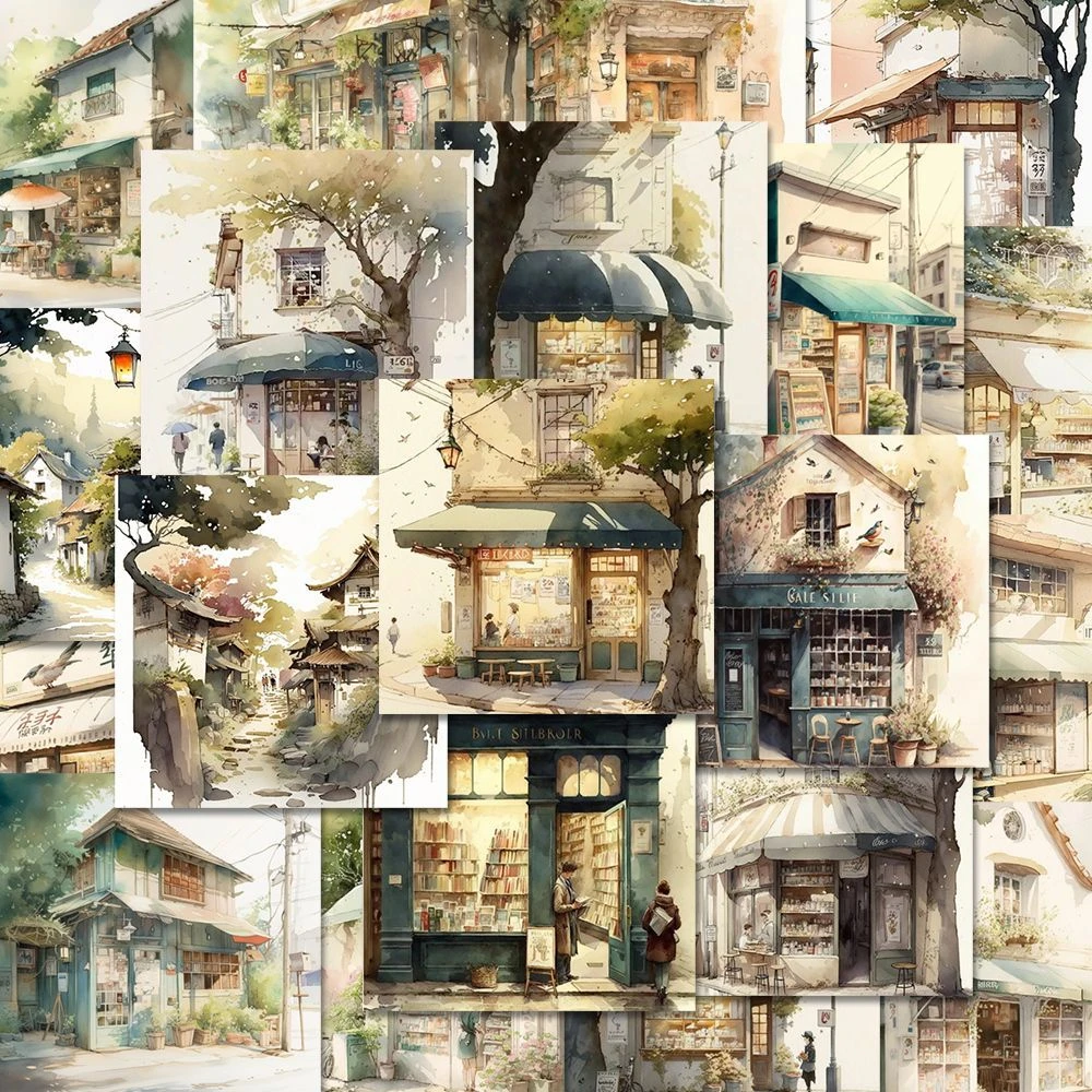 48张怀旧童年复古水彩画贴纸不留胶DIY手机平板防水装饰自粘贴画