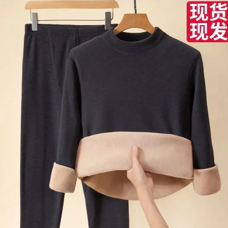 2024冬季加绒加厚男士女士中领摇粒绒恒温磨毛保暖套装