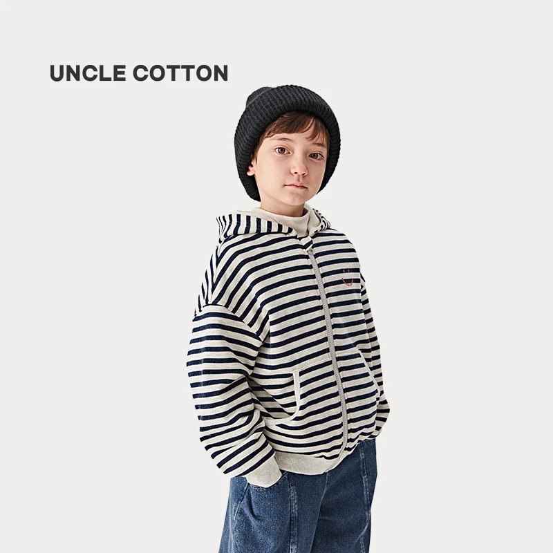 棉叔叔藏青条纹连帽加摇粒绒外套男女童开门襟卫衣347931005