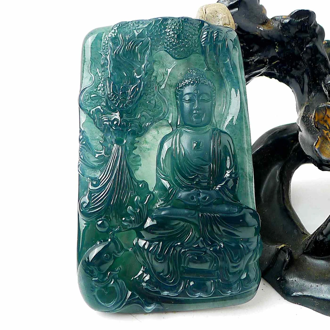 天然A货翡翠老坑高冰透双面精雕御龙阿弥陀佛吊坠尺寸67.5-42-8mm