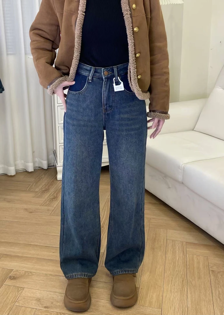 复古蓝春夏新款牛仔裤阔腿裤高腰窄版裤复古显瘦百搭直筒裤7997